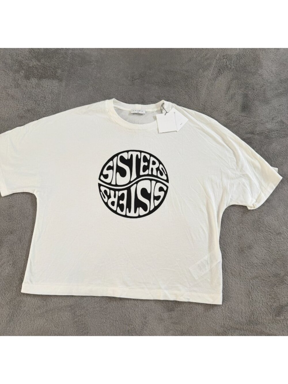 NWT Sandro Paris White "Sisty" Yin & Yang Sisters Graphic Crop Tee Small Medium